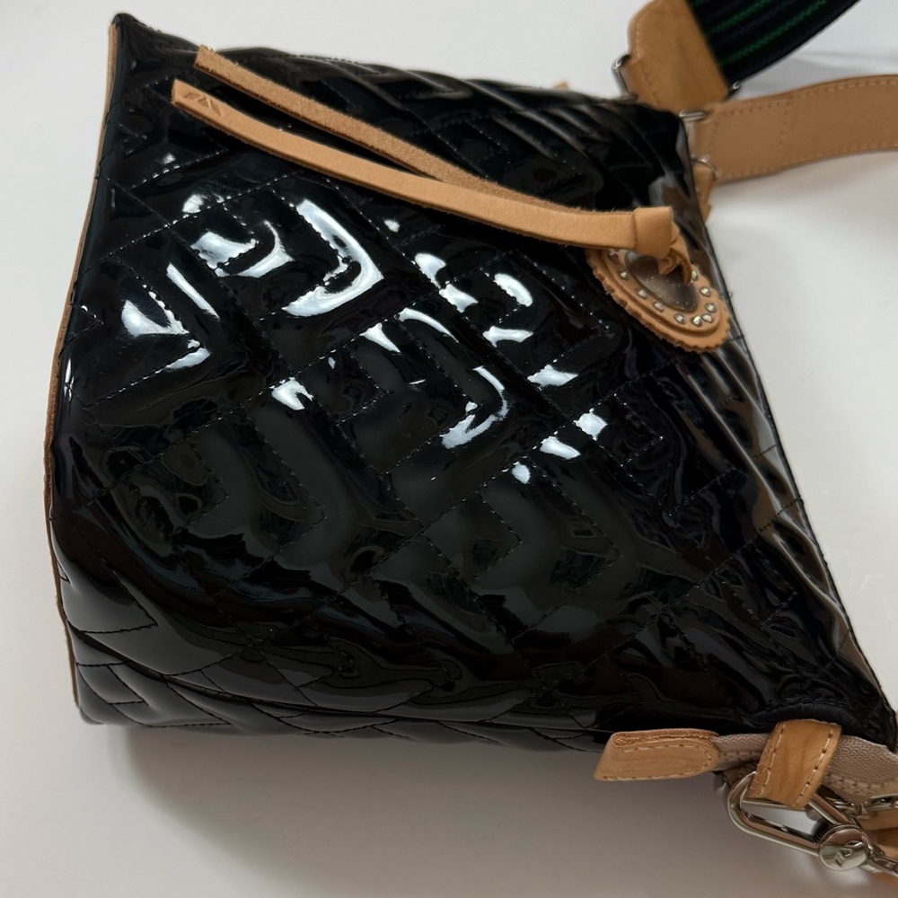Consuela Black Patent Quilted Bucket Bag with Beige Trim - Picture 9 of 12